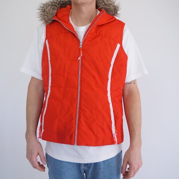 VTG '90s Eddie Bauer Goose Down Red Puffer Faux Fur Hood Zip Up Vest Jacket XL - Picture 1 of 12